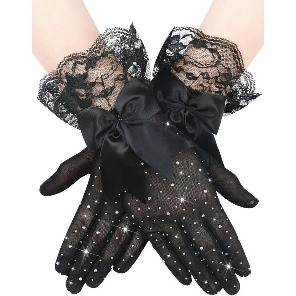Women's Evening Rhinestones Black Short Lace Bow Gloves Accessories Halloween